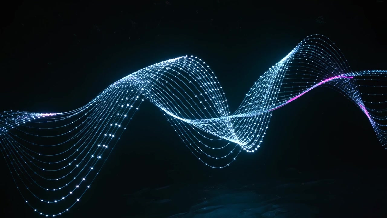 Playback starting, glowing ribbon of nodes undulating in black void, with magenta accent, arcs
