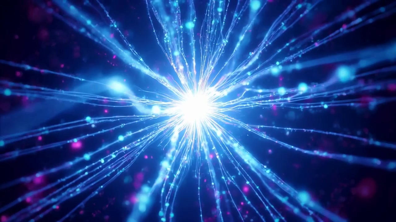 Brightening central core emitting blue filaments and ejecting particles in deep space, energy burst
