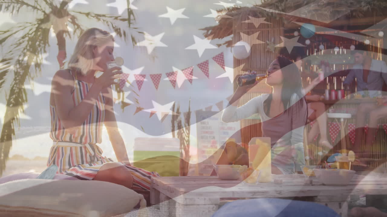 야외 해변 바에서 음료를 마시는 여성들에 대한 미국 발 애니메이션