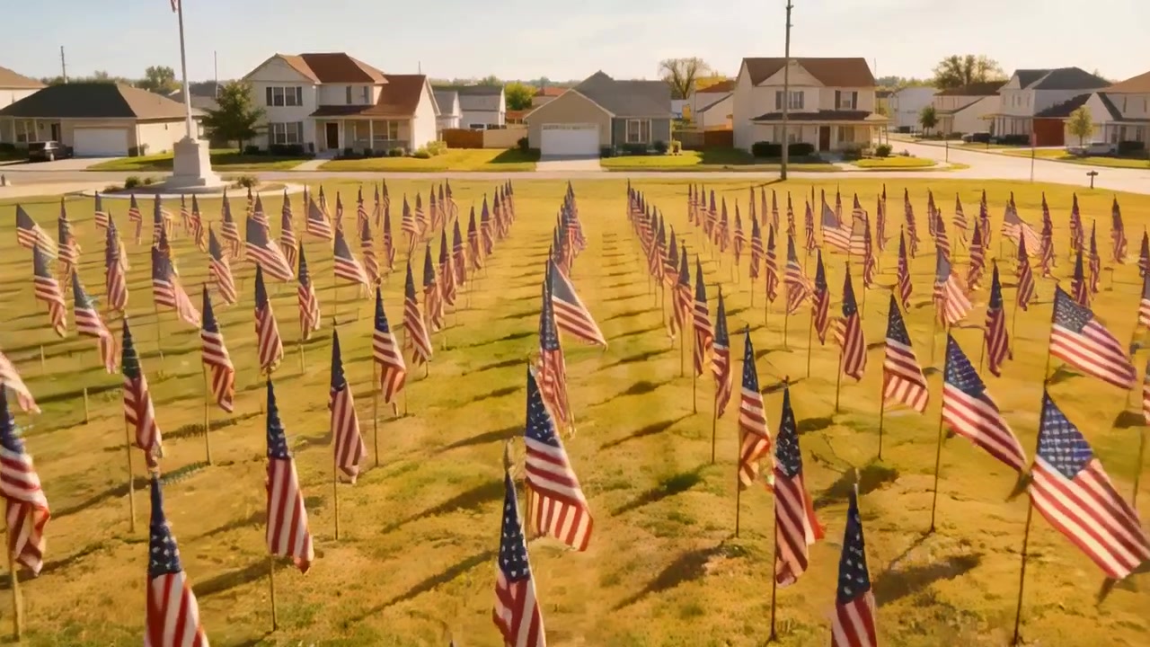 Moving aerial camera forward and lowering over suburban lawn, showing American flags fluttering