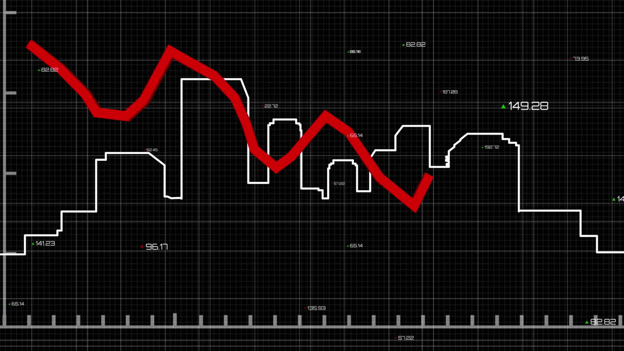 Animation of financial data processing over cityscape