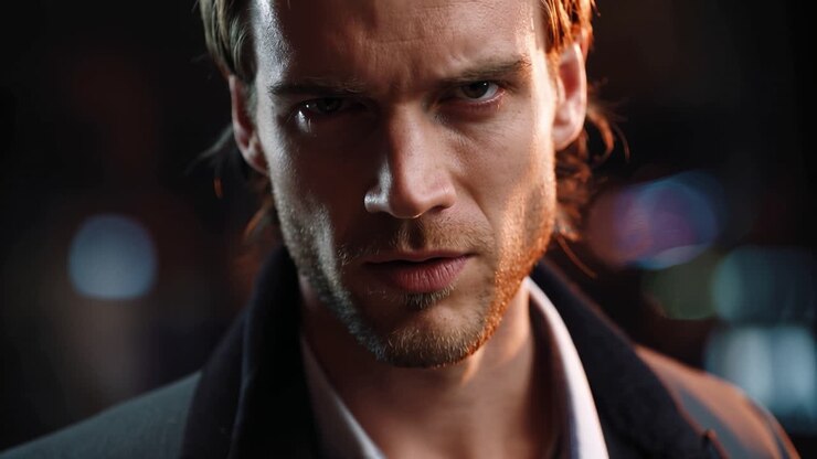 Intense gaze meets the viewer's eyes. Fingers point with firm, commanding gesture. Urban night lights blur softly behind. Mysterious, confident energy radiates from the frame