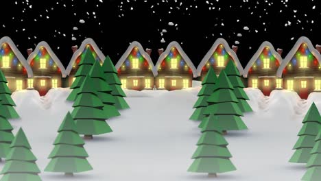 Animation-of-winter-scenery-with-decorated-houses-and-fir-trees-on-black-background