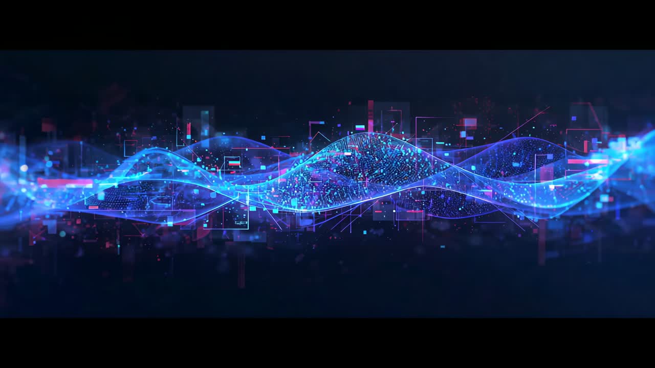 Opening neon-blue waveform undulating across dark grid, pulsing mesh with data panels showing flow