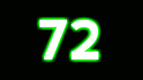 neon number 72 seventy two sign symbol modern animation motion graphics flicking on black background,green color glowing and shining for video elements