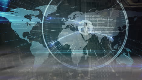 animation of network of connections with people's icons, data processing over world map