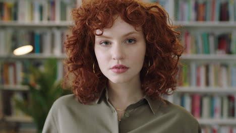 portrait of lovely young woman standing in library attractive student smiling close up librarian