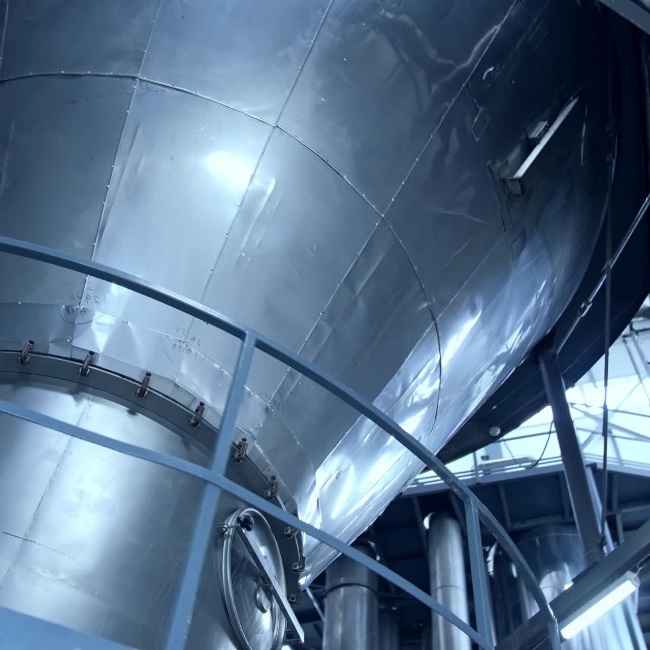 Tank at milk factory. Dairy factory industrial equipment with metal tubes