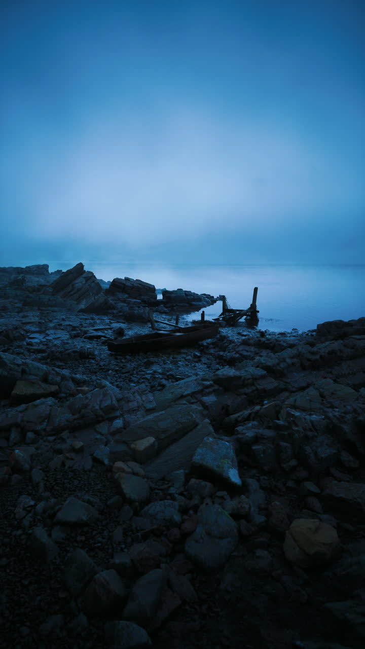 Calm shoreline at dusk with rocks and driftwood near the water