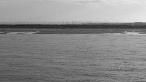 aerial drone black and white shot over sandy beach in distance with waves lapping on the shore at daytime.