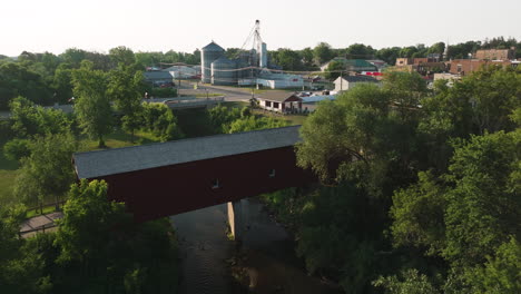flying on the restored timber covered bridge in zumbrota, minnesota, united states