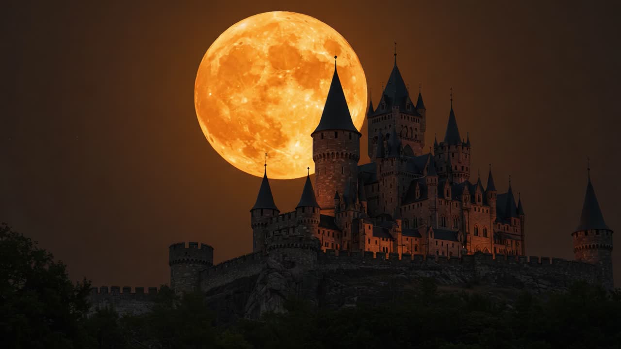 Majestic Castle Silhouetted Against a Glowing Full Moon Illuminating the Night Sky, Creating a Stunning Fantasy Landscape with Enchanted Vibes