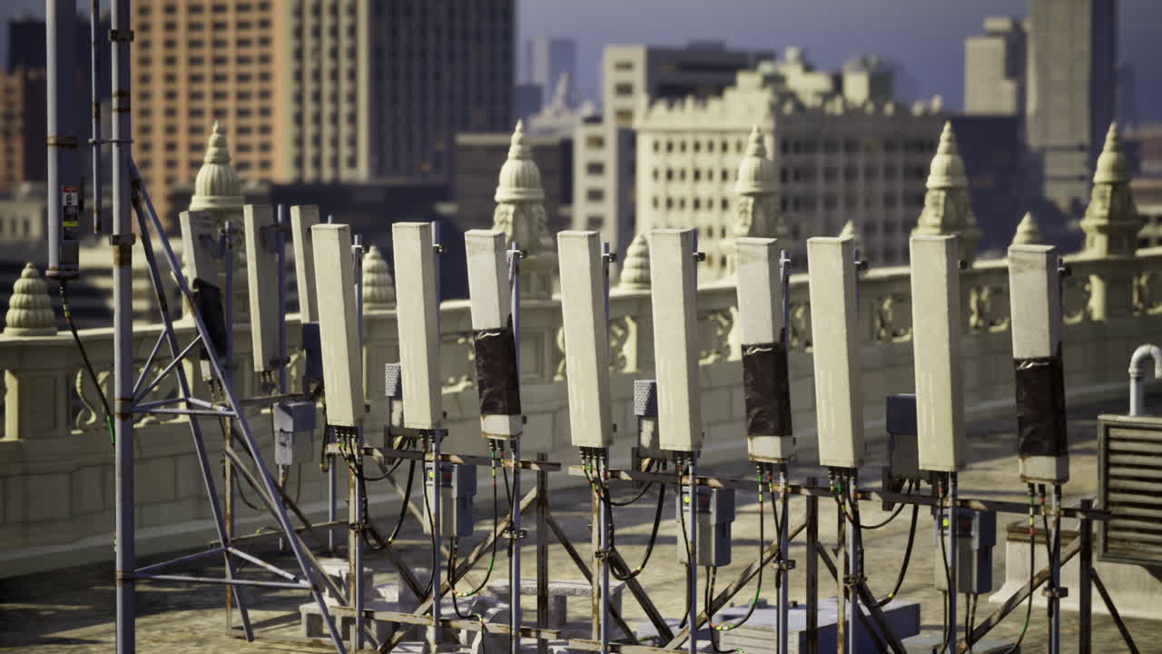 Rooftop communication equipment on a city building during daylight hours
