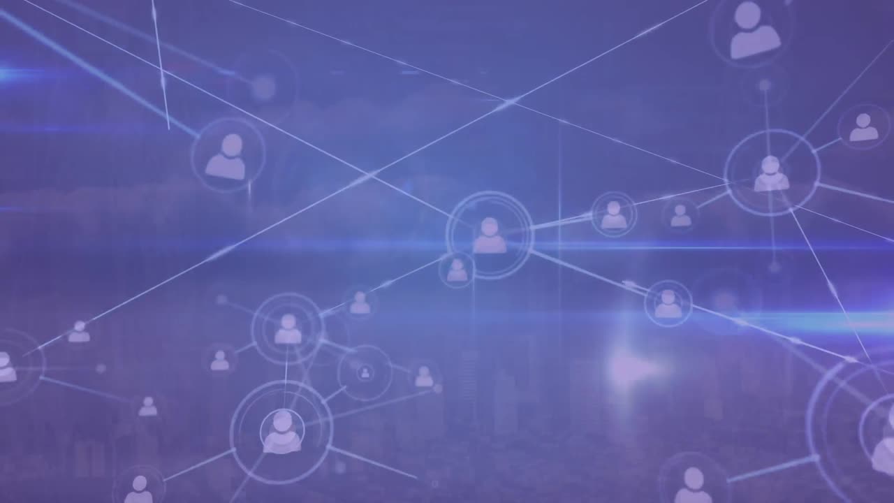 파란색 배경에 프로필 아이콘 네트워크와 빛 트레일의 애니메이션