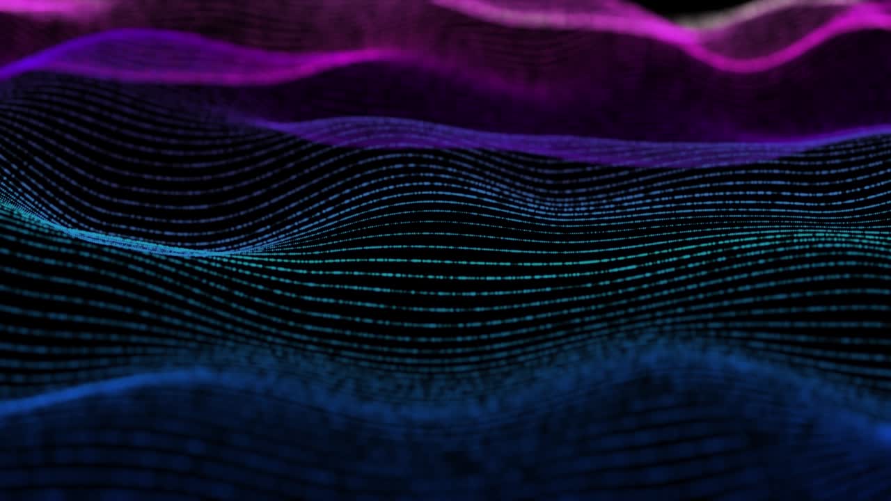 4K, Abstract Futuristic Digital Blue Wave Particles Background.Seamless Loop. Technology digital wave background concept.Beautiful motion waving dots texture with glowing defocused particles. Cyber or technology background. Pink Blue Color