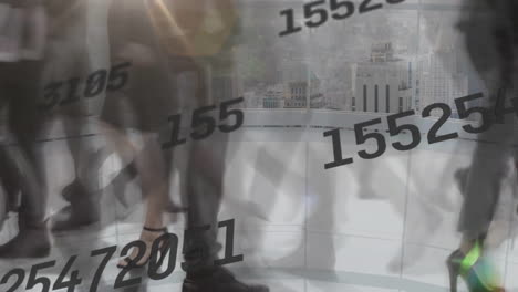 walking business people with numbers animation over cityscape in background