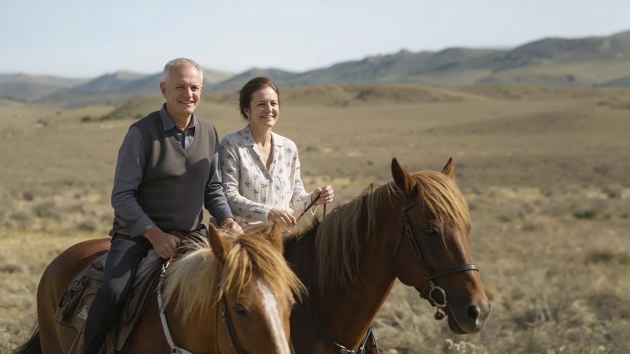 Starting couple on saddled horses adjusting posture on dry plain holding reins in vest and blouse