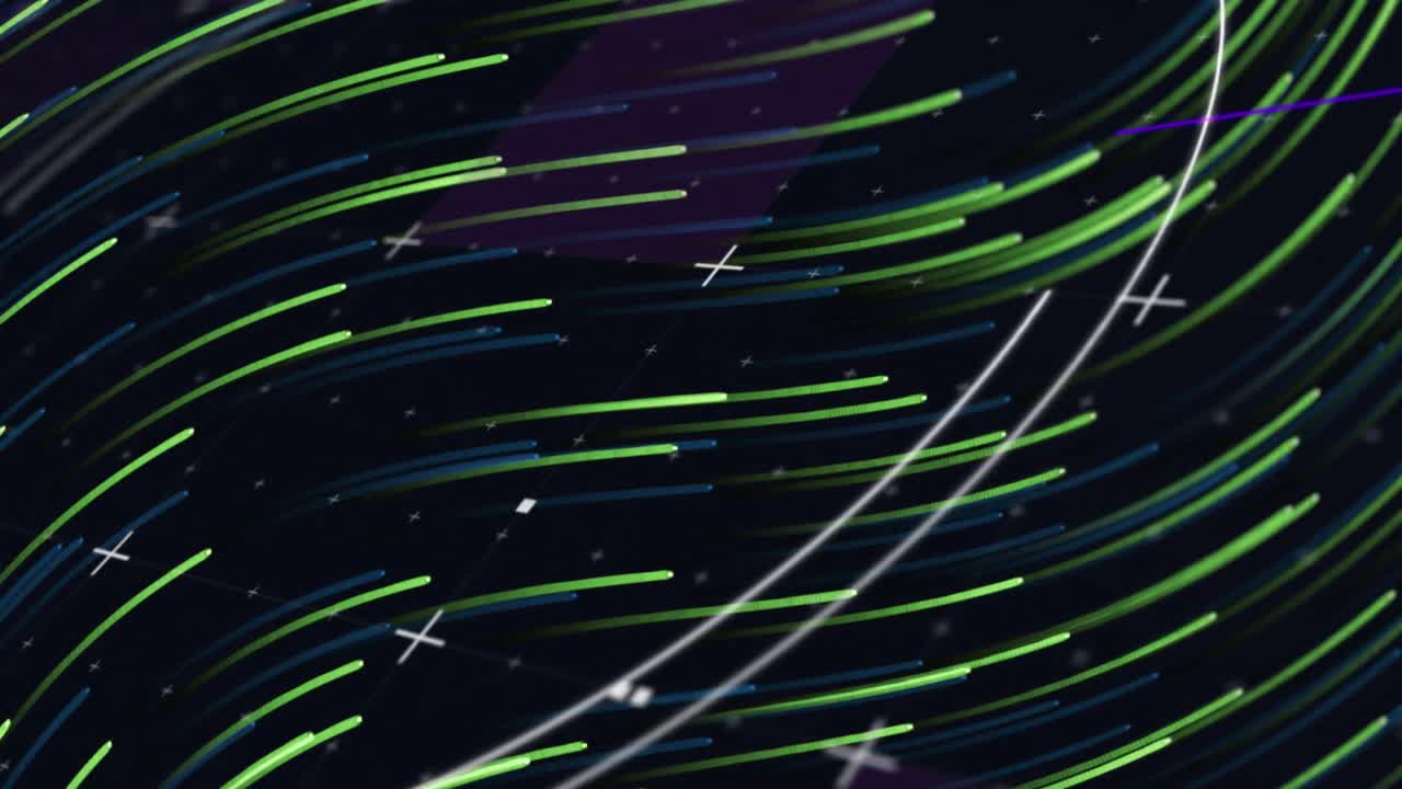 Animation of scope and data processing over green light trails on black background