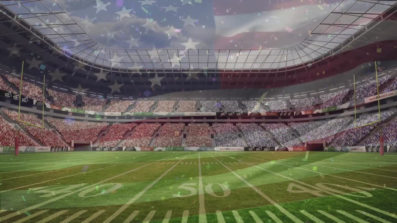 animación de la bandera de los estados unidos ondeando sobre el campo de fútbol americano y el estadio deportivo