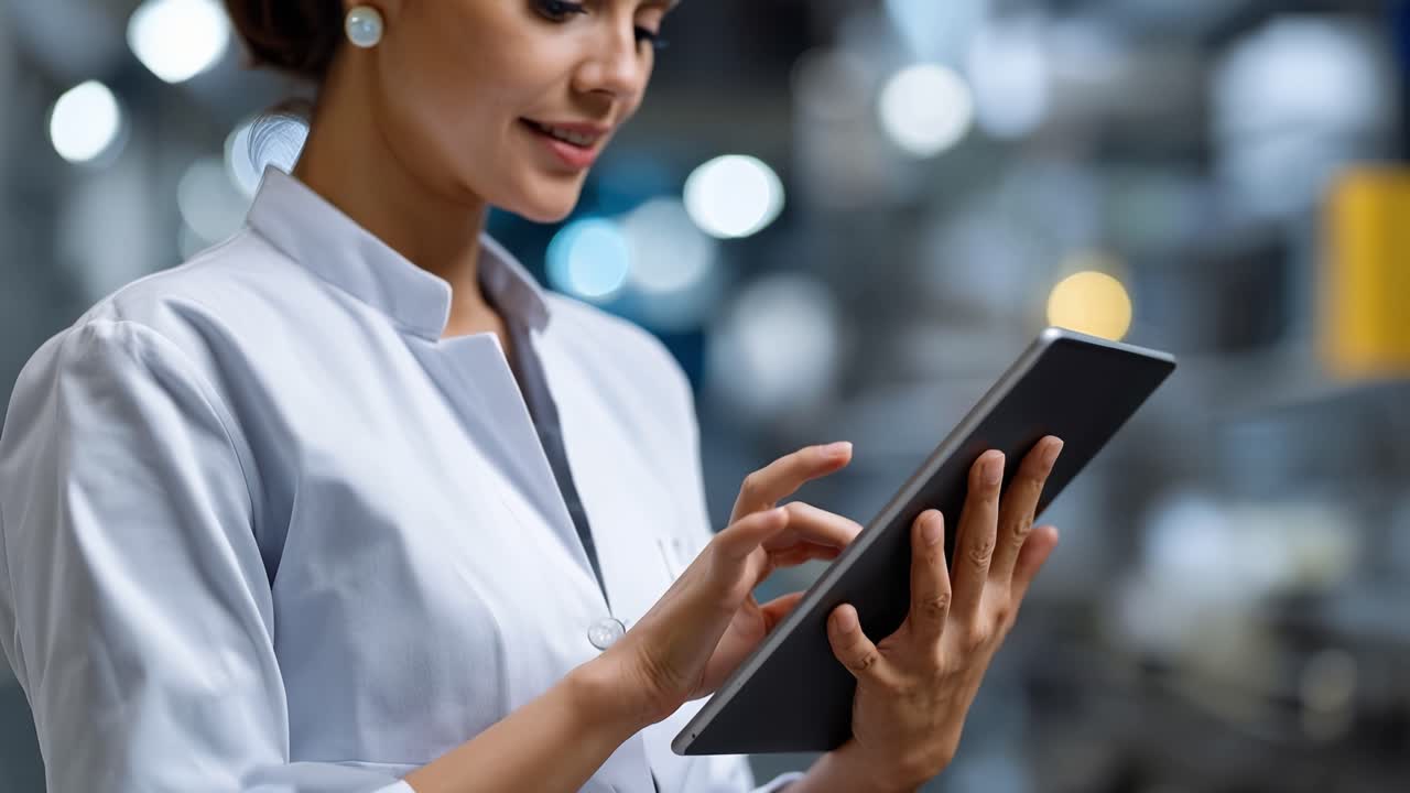 Woman in white coat focuses on tablet. She taps screen with intent, eyes fixed on display. Background shows blurred machinery, suggesting factory or lab setting. Her calm demeanor implies precision