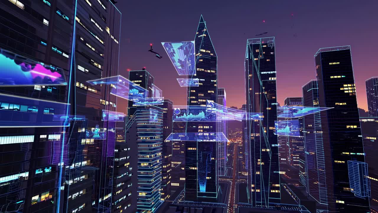 paisaje urbano futurista con datos holográficos