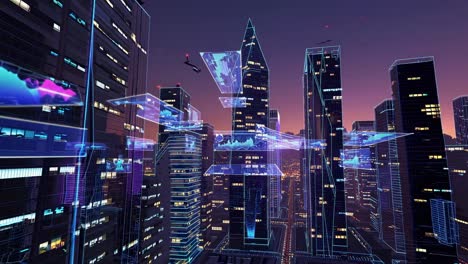 futuristic cityscape with holographic data