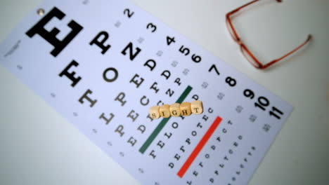 los dados deletreando la vista cayendo en la prueba de ojos al lado de las gafas