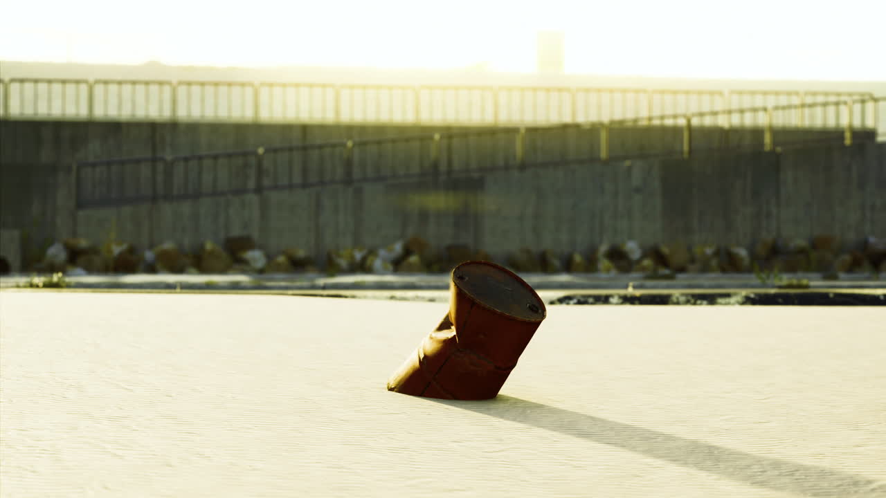 Rusty barrel abandoned on sandy shore during golden hour