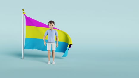 Animationsvideo-Der-Flagge-Des-Pansexuellen-Stolzes-Mit-Einem-Mann,-Der-Davor-Steht-Und-Vor-Blauem-Hintergrund-Winkt