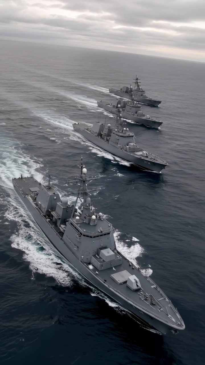 Diverse navi militari avanzano stabilmente attraverso un mare mosso in formazione parallela, con i loro lunghi scafi, le strutture di coperta e le scie spumeggianti visibili da una prospettiva aerea sotto nuvole grigie.