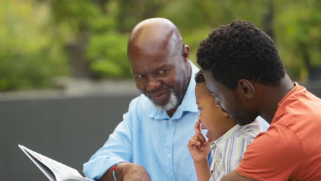 Familia-Masculina-Multigeneracional-Sonriente-Leyendo-Un-Libro-Juntos-En-El-Jardín