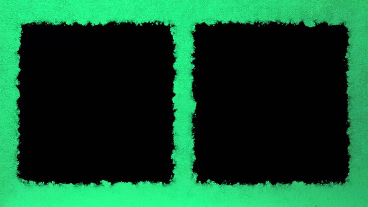Two vertical black boxes for video or image in video with lime green textured paper background, ready for luma key