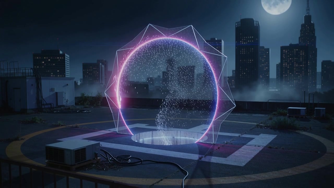 Appearing faint outline above helipad sparking glowing faceted ring forming portal, sparkles rising
