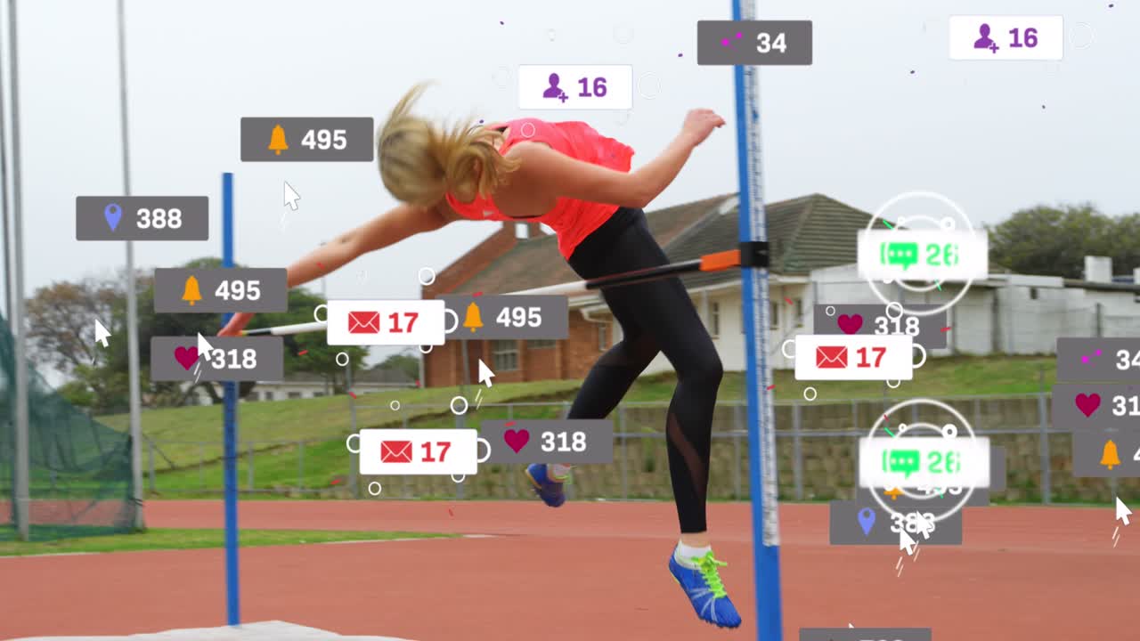 Animation of notification bars over caucasian female high jumper achieving clean high jump