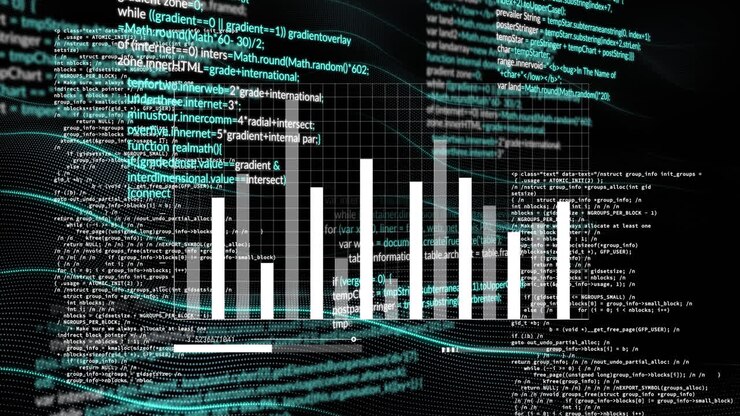 Animation of data processing and statistics over dark background