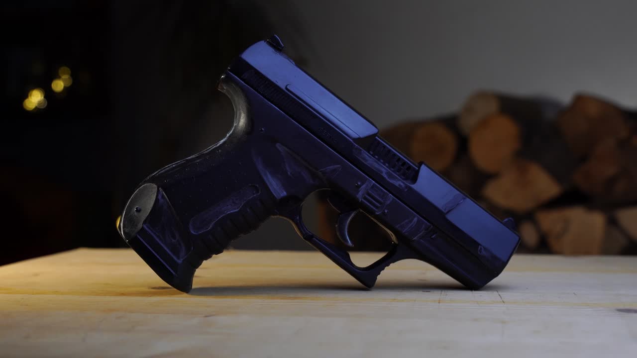 pistola de juguete sobre una mesa de madera y gira lentamente con p99 escrito en ella