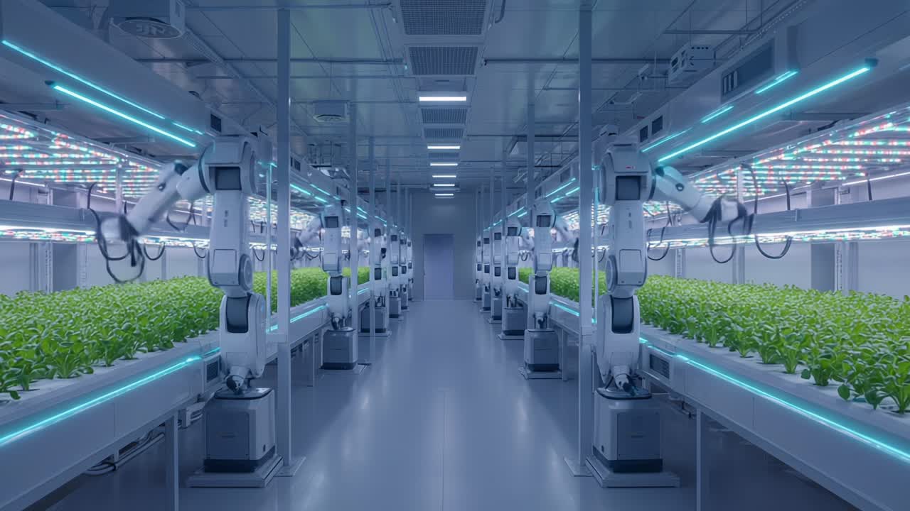 Innovative Automation in Hydroponic Farming: A High-Tech Growing Environment Showcasing Robotic Systems Tending to Lush Green Crops Under LED Lights