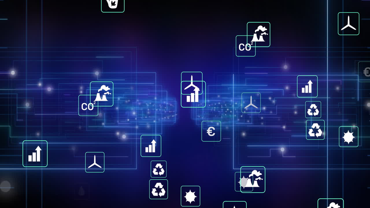 Animation of digital icons over connecting light trails against blue background