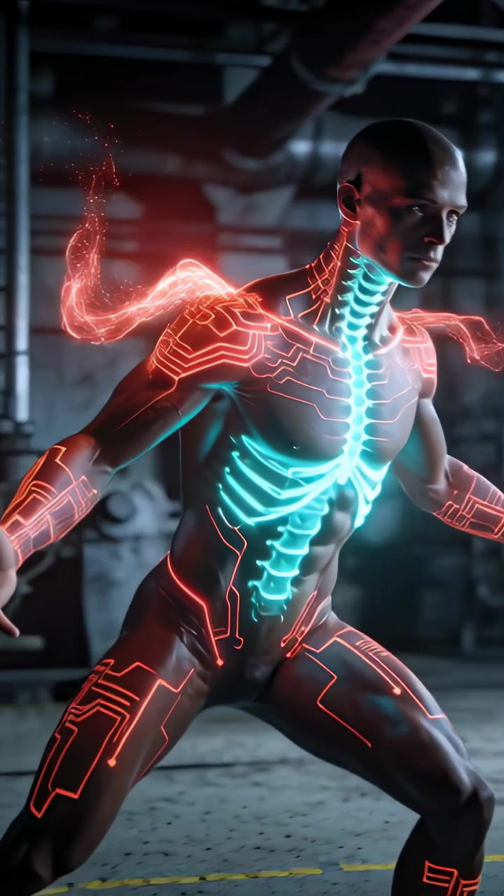 Vertical video: Forming red ribbon, making blue orbs, suit man reacting to pulse, cyan spine in bay