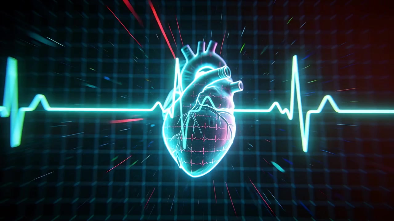 Glowing neon heart pulsing with cyan ECG spike on navy grid, showing internal EKG trace