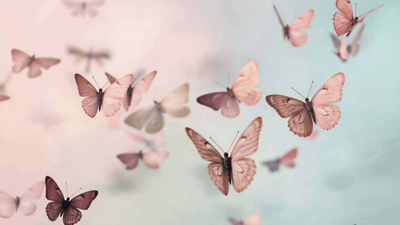L'ingresso di una sfocatura ravvicinata che provoca uno sciame di farfalle in volo su uno sfondo rosa-blu, mostrando le ali.