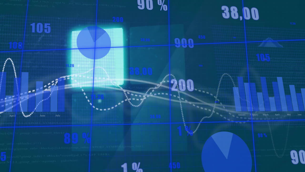 Animation of data processing over grid on black background