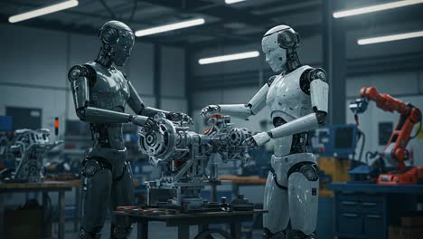 two humanoid robots collaboratively assemble a complex mechanical structure in a futuristic workshop filled with advanced machinery and tools, showcasing cutting-edge robotics technology
