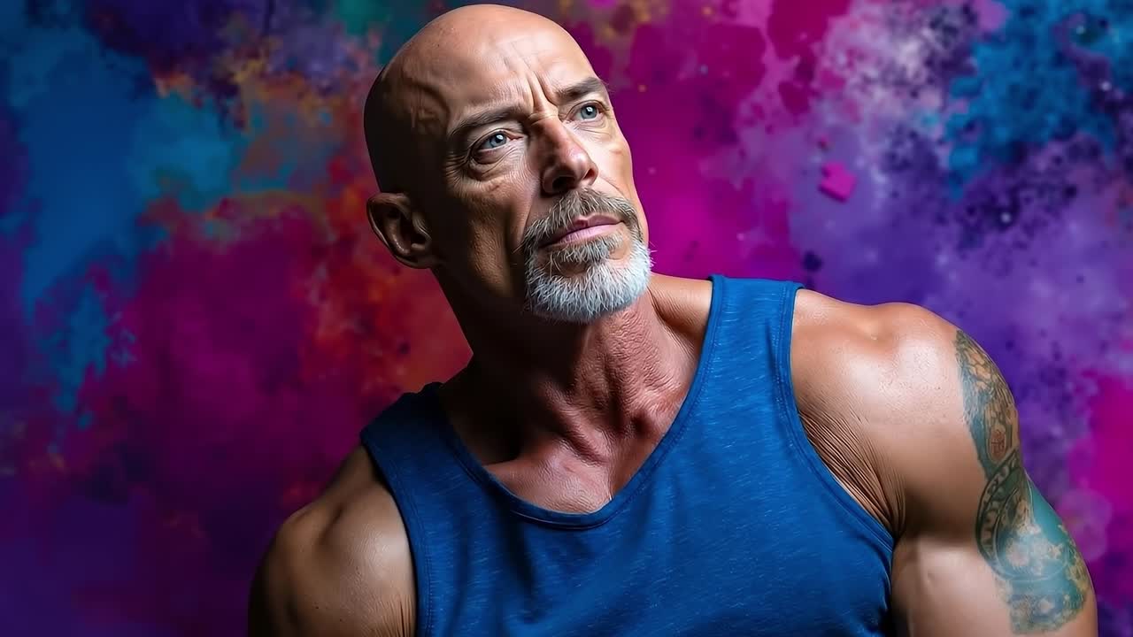 A bald man with a tattoo on his arm and a blue tank top