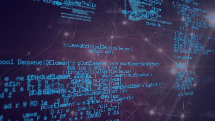 Animation of networks of connections and data processing over black background