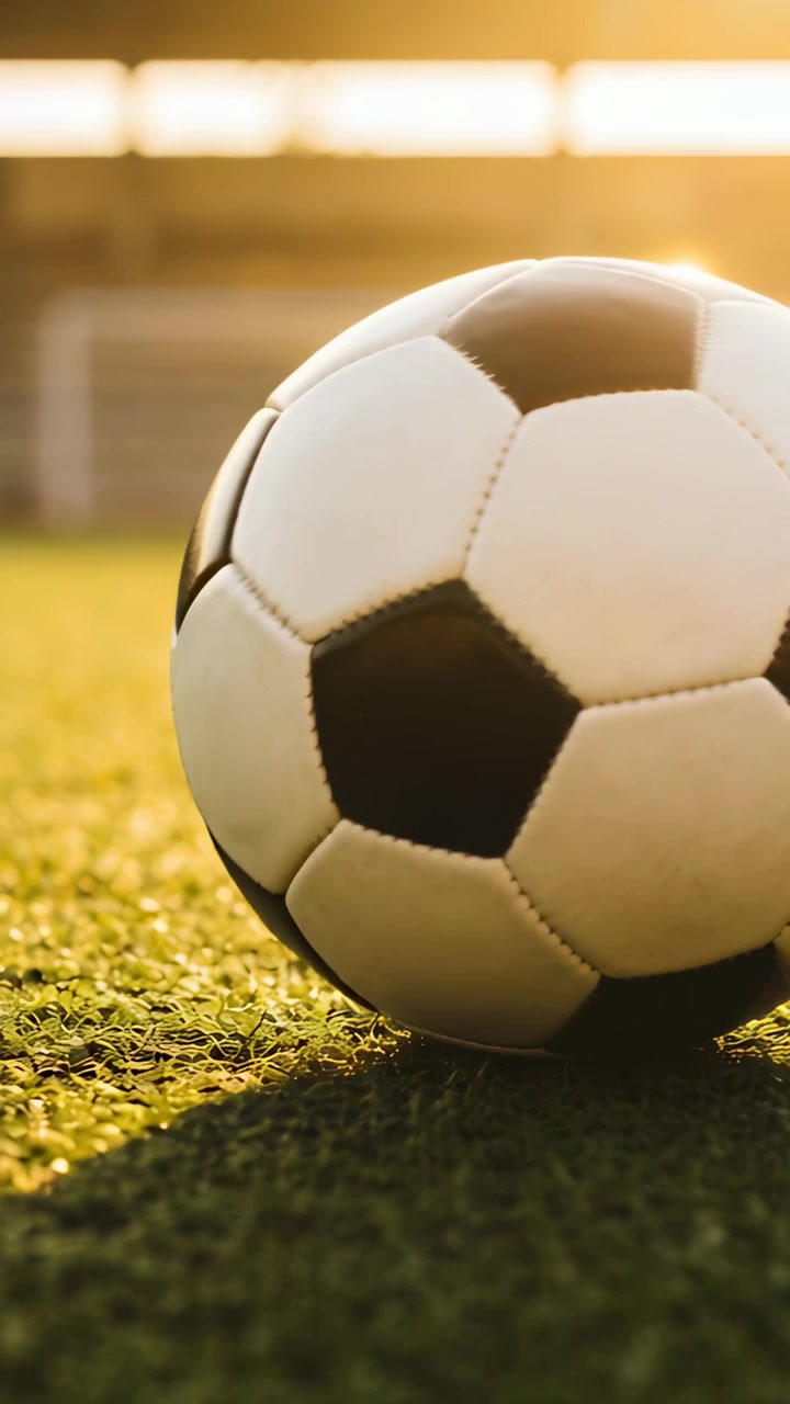 Dikey video: Kamera, detay için çim sahada merkeze doğru kayan futbol topunu gezdiriyor, metin alanı mevcut.