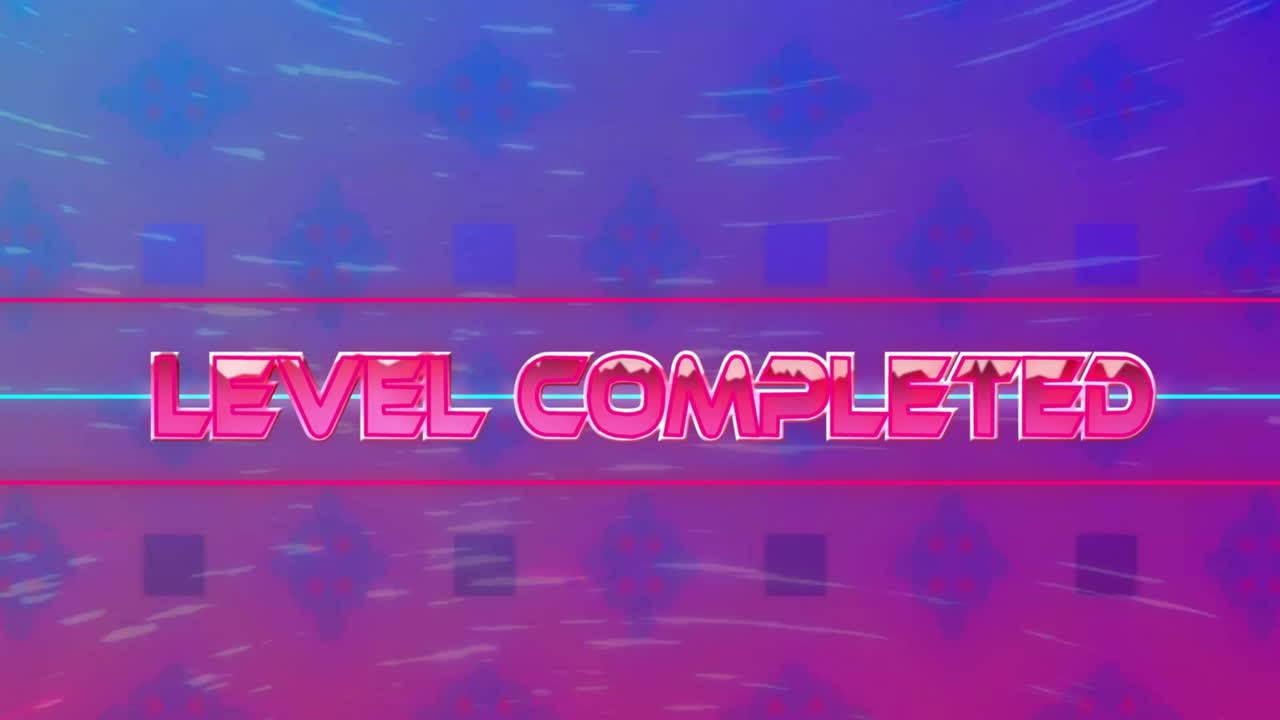 파란색 배경에 레벨 완료 텍스트와 보라색 모양의 애니메이션