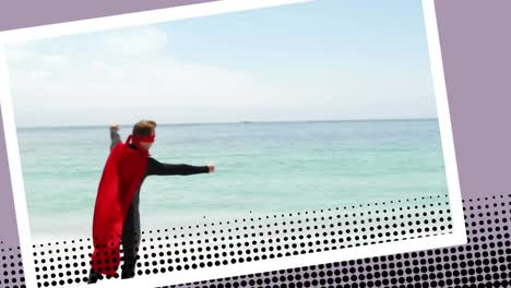 man wearing a superhero costume on the beach