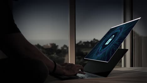 holographic lock icon projecting above laptop in cybersecurity concept
