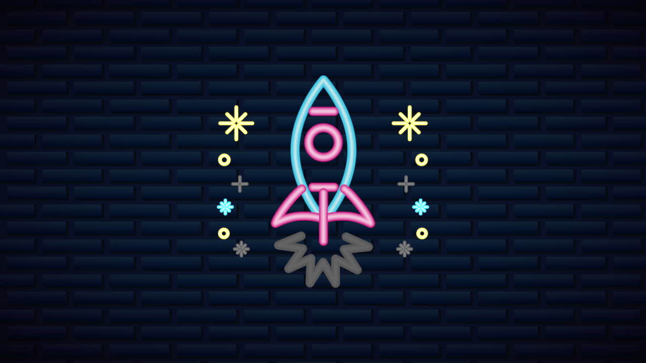 wall with neon light rocket label